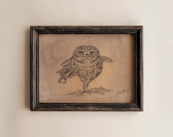 Original Owl Drawing Sketch: Pen & Pastels, Minimal Vintage Art, Unframed - 5x7