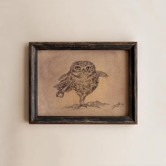 Original Owl Drawing Sketch: Pen & Pastels, Minimal Vintage Art, Unframed - 5x7