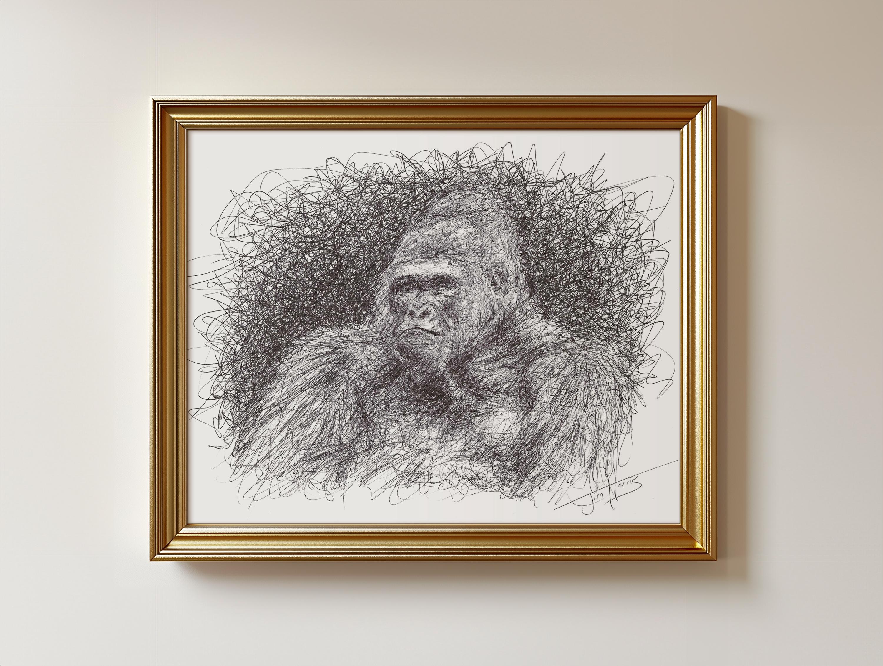 ゴリラのペン画（オリジナル）：動物アート、フレームなし（8.5×11