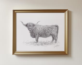 Original Highland Cow Pen Drawing: Animal Art, Unframed (8.5x11 Inches)