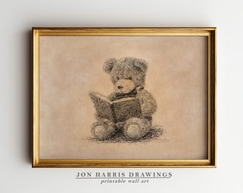 Teddy Bear Reading Sketch Print: Nursery Wall Art (Digital Download) JSH-356