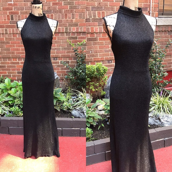1970s dress/ Vintage 1970s lurex black and silver