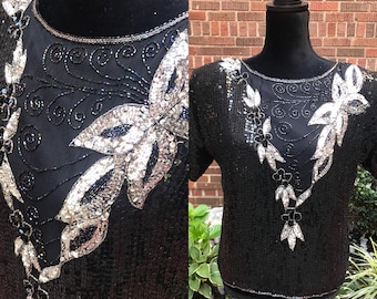 Vintage 1980s black beaded sequins silk blouse