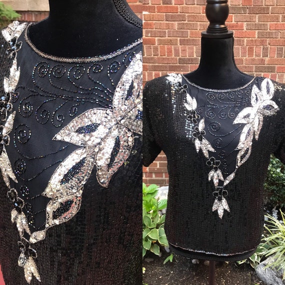 Vintage 1980s black beaded sequins silk blouse - image 1