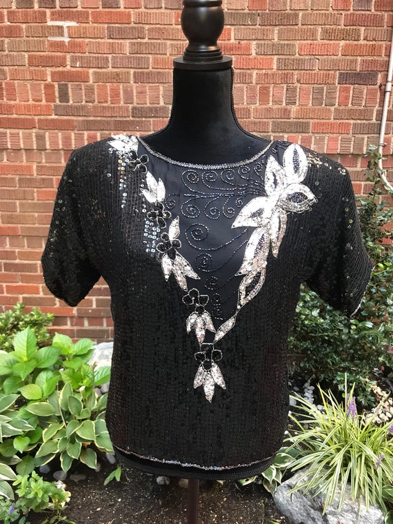 Vintage 1980s black beaded sequins silk blouse - image 3