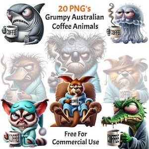 20 Printable Grumpy Australian Coffee Animal Clipart Bundle – Grumpy/Angry Aussie Critters in PNG for Commercial Use & Cartoon Pet Prints!