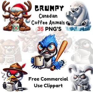 May include: A set of 35 digital illustrations of grumpy Canadian animals drinking coffee. The animals include a reindeer, a bear, a blue jay, a rabbit, and a polar bear. The illustrations are in a cartoon style and are perfect for use in digital projects.