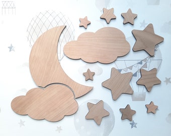 Wooden Star Wall Decor - Kids Bedroom - Boy - Girl - Nursery Wall Decor - Moon Cloud & Star Shapes - Kids Room Decor