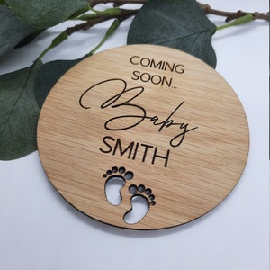 Wooden Baby Announcement Plaque - Pregnancy and Birth Announcement - Baby Shower Gift - Personalised Disk - Coming Soon - Photo Props