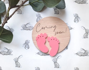 Wooden Baby Announcement Plaque - Pregnancy and Birth Announcement - Baby Shower Gift - Personalised Disk - Coming Soon - Photo Props