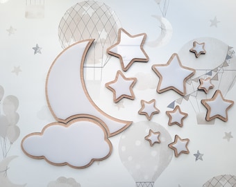 Wooden Star Wall Decor - Kids Bedroom - Boy - Girl - Nursery Wall Decor - Moon  Cloud & Star Shapes - Kids Room Decor - Acrylic White Stars