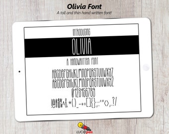 Olivia, A Hand Lettered Font, Hand Written Font, Olivia Font by LucidPen, A tall and thing hand written font