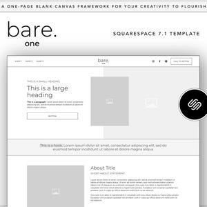 Könnte beinhalten: Ein Website-Template-Design mit dem Text "bare. one" und "Squarespace 7.1 Template". Das Design verfügt über ein einseitiges Layout mit Platzhalterbereichen für Überschriften, Bilder und Text sowie eine Call-to-Action-Schaltfläche.
