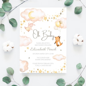 ELIZABETH - Baby Shower Invito stampabile / Download digitale / Invito animale / Rabbit Fox Lamb / Tutto il testo personalizzabile E11