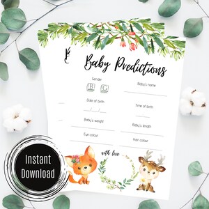 Tarjeta de predicciones de bebés Woodland / Descarga digital INSTANTÁNEA / Imprimible / Juego de baby shower Greenery A18