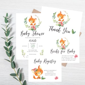WOODLAND - Baby Shower Invitation Set | FOX Invite Bundle | Digital Download Printables | Books for Baby Gift Registry | Thank You Card G41