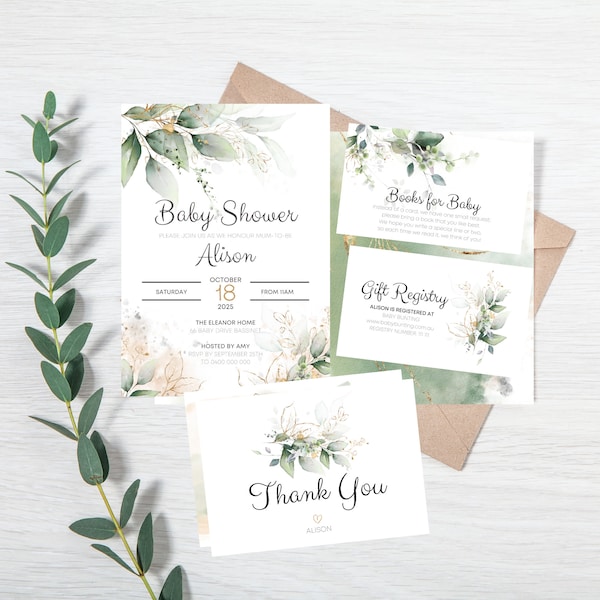 ALISON - Greenery Baby Shower Invitation Set | Digital Download | Printables | Baby's Library | Gift Registry | Thank You Card G41