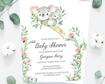 May include: A baby shower invitation with a watercolor illustration of two koalas on a branch with pink flowers. The text reads "Please join us for a Baby Shower as we honour Mum-to-be Georgina Harry Saturday | March 18th | 10 AM The Eleanor Home 66 Baby Drive Bassinet Please RSVP to Kelly at 0400 000 000 by February 29th"