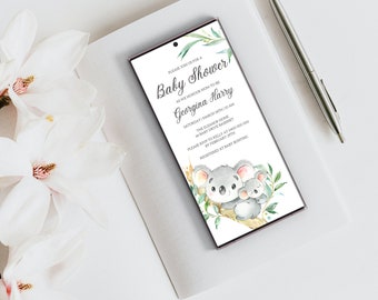 Könnte beinhalten: Eine weiße Babyparty-Einladung mit einer Aquarell-Illustration von zwei Koalas auf einem Ast. Die Einladung enthält den Text "Bitte nehmen Sie an unserer Babyparty teil, um die werdende Mutter Georgina Harry zu ehren. Samstag, 10. März, 11:00 Uhr The Eleanor Home 66 Baby Drive Basnet Bitte melden Sie sich bei Kelly unter 0400 000 000 bis zum 25. Februar an. Registriert bei Baby Bunting"