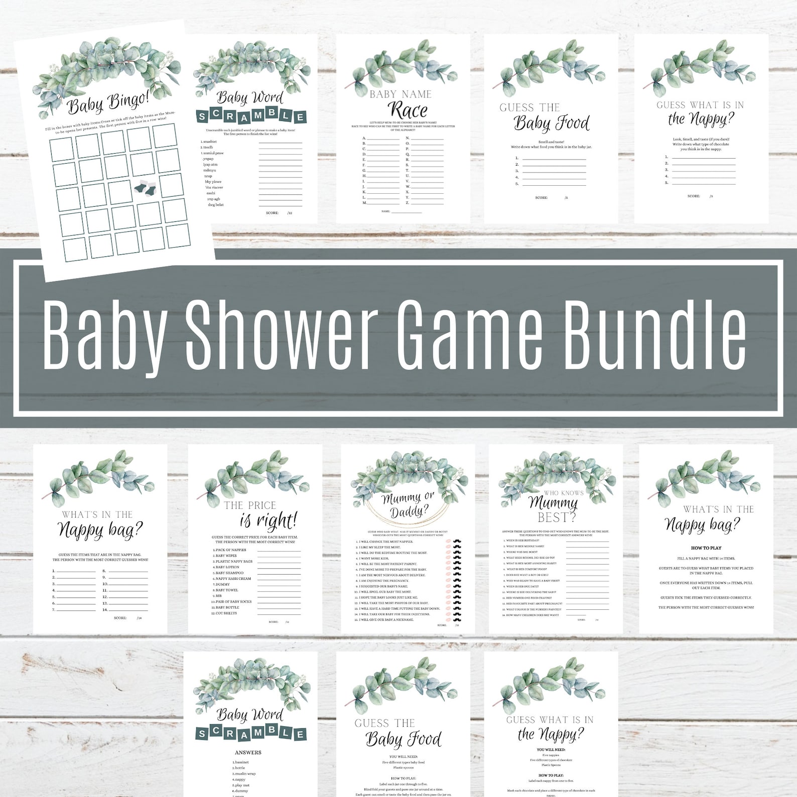 EUCALYPTUS Baby Shower Games OR Bundle Digital Download Etsy Australia