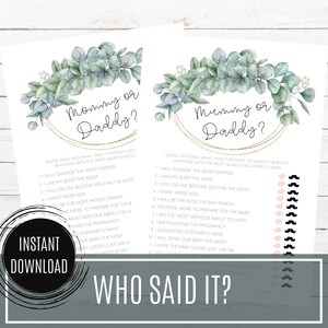 EUCALYPTUS - Guess Who Mummy or Daddy Game | Instant Download | Quiz | Greenery Baby Shower Game Printable | He said it She said it |G37