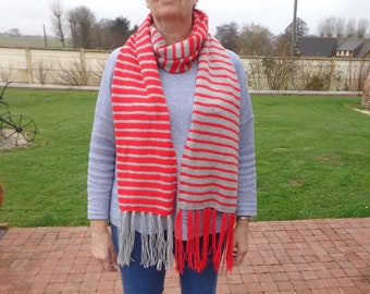 Long unisex scarf handmade red gray acrylic wool