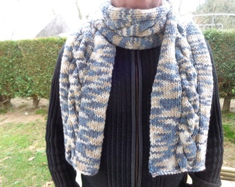 Unisex mottled blue beige scarf handmade wool and acrylic