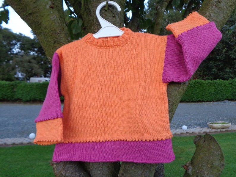 baby girl sweater and cardigans knitted Handmade wool acrylic orange and fuschia wear Sweater two-tone baby girl 12 months
