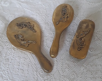 Antique hand mirror & two brushes made of brass dressing table set raised floral decorations Victorian French vintage boudoir decoration