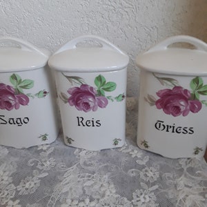 4 antique ceramic storage jars with rose decoration barley semolina rice sago kitchen container spice jars vintage brocante decoration country house kitchen