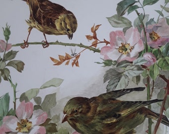 plateau de service antique plateau en porcelaine peint à la main oiseaux et roses décor cadre en bois poignées en étain boudoir vintage édouardien 19ème siècle