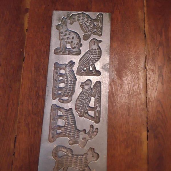 Molde antigo de speculaas, modelo em estanho com motivos de animais (pássaro, coelho, cabra), cortador de biscoitos, 34 x 13 cm, molde para biscoitos de Natal, estilo vintage, decoração de cozinha rústica.