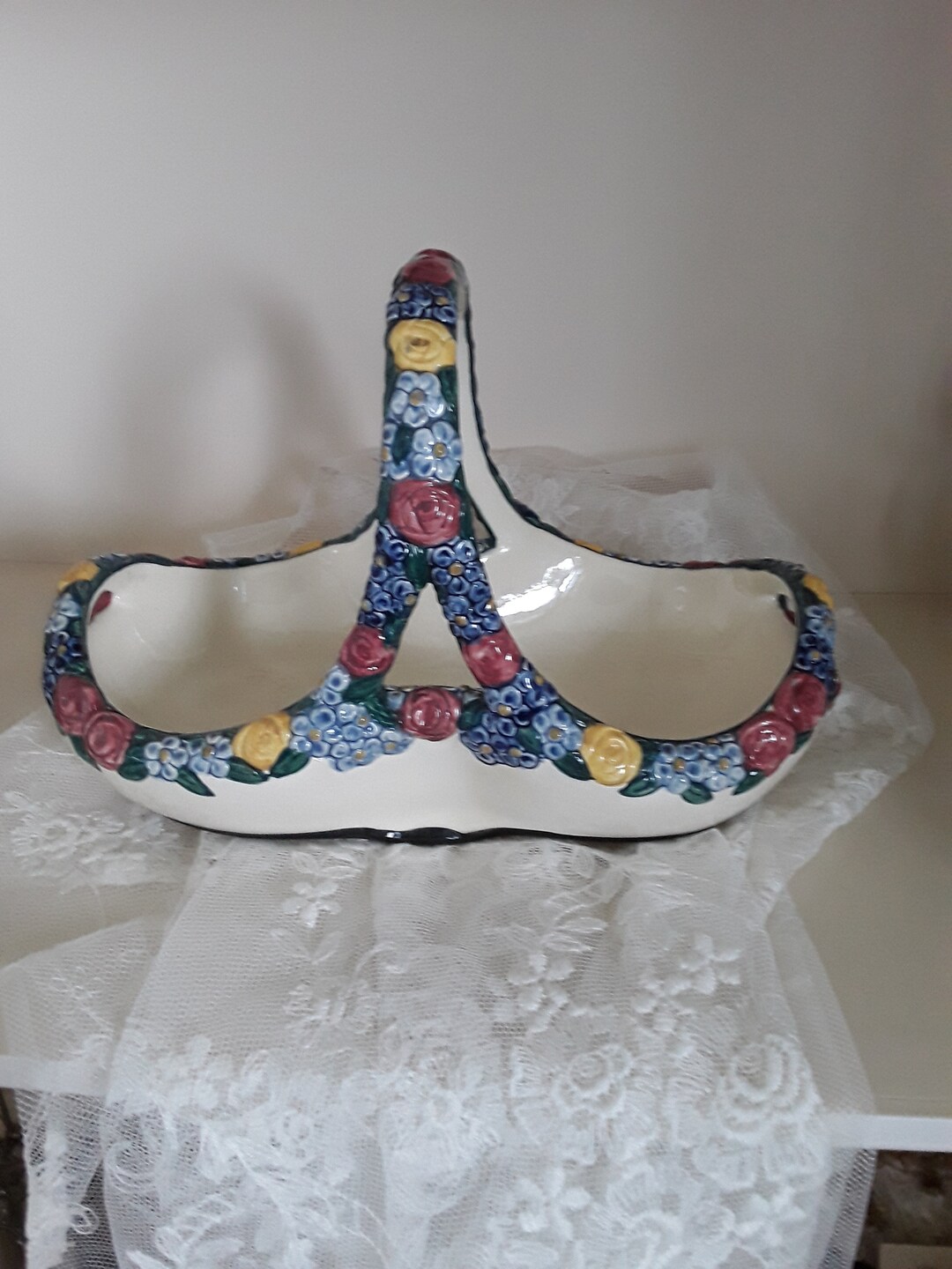 Karlsruhe Majolica Antique Handle Bowl Basket Bowl Offering Etsy