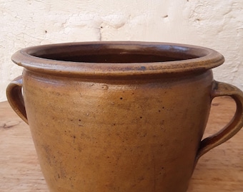 Old stoneware pot, confit pot, clay pot, pottery, handled pot, lard pot, GRINITZ farmhouse pottery, storage pot, vintage, brocante, country house decoration
