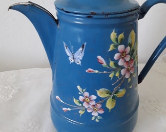 Antike Emaille Kaffeekanne mit Schmetterling & rosa Blumen Dekor handgemalt Emaillekanne Rarität viktorianisch Frankreich  Vintage Brocante