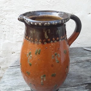France antique clay jug pottery ceramic jug raised painting rustic farmhouse pottery milk jug 19th century vintage brocante country house decoration