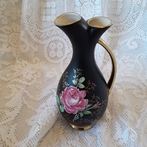 Antique porcelain vase double vase black with rose decoration Bavaria porcelain handle vase flower vase 1950s Rockabilly Vintage Brocante decoration