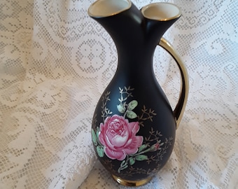 Antike Porzellanvase Doppelvase schwarz mit rosafarbenen Rosendekor Bavaria Porzellan Vase mit Henkel 50er Jahre Vintage Brocante Dekoration