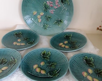 6x antique majolica plates cake plates & cake platters raised fruit decoration fantastic colors Art Nouveau French vintage country house home decor