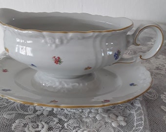 Antike Sauciere Soßenschale mit Unterteller Felda Rhön Porzellan weiß  Streuhblümchendekor viktorianisch Vintage Boudoir  Brocante Deko