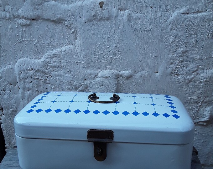 Antique Enamel Bread Box Pastry Box White & Blue Large Bread Box Enamel