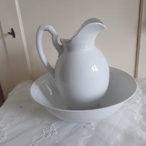 Antique large wash jug & wash bowl white wash set wash basin ironstone porcelain France 19th century vintage brocante country house decoration