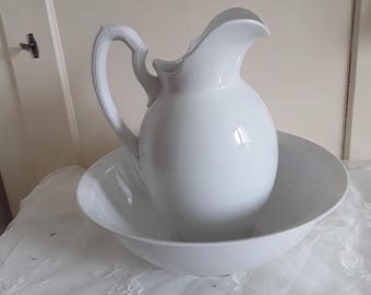 Antique wash set, wash jug & wash bowl, white, Eisenstein porcelain, France, 19th century, vintage brocante, country house decor