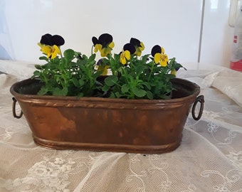 Maceta antigua de cobre, jardinera, macetero, jardinera de cobre, cuenco de cobre hecho a mano con asas, estilo vintage francés, brocante, decoración de casa de campo