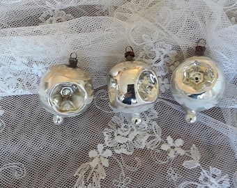 3x antique puncture baubles with three punctures, rare Christmas tree baubles, silver, wafer-thin glass Lauscha vintage brocante Christmas decorations
