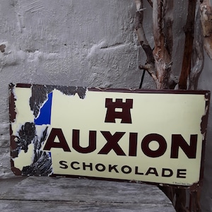 Antique arched enamel advertising sign chocolate advertising MAUXION &quot;R.Dold Offenbach&quot; 66 cm 1920s vintage boudoir brocante decoration