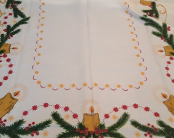 Alte Weihnachtsdecke Tischdecke Tannenzweige Kerzenlicht Sterne 100 x 160 cm Baumwolle Vintage Brocante Weihnachtsfest