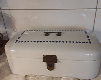 Antique 1920s Bread Bin White & Blue Decor Enamel Lunch Box Large Bread Box Storage Enamelware Kitchen Enamel Vintage Brocante Decoration