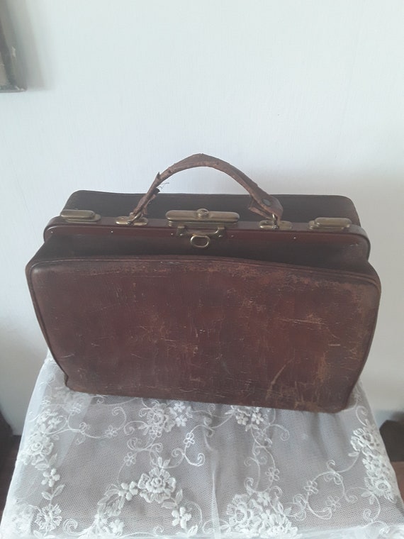 Antique leather bag doctor bag midwife case glads… - image 1
