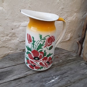 Antique enamel jug wash jug poppies splash decor toilet jug Edwardian enamelware vintage boudoir brocante farmhouse decoration